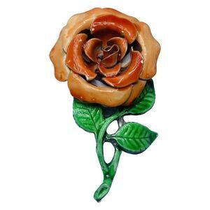 Womens Peach Coral Glossed Enamel Rose Green Stem Vintage Silver Tone Brooch 2”